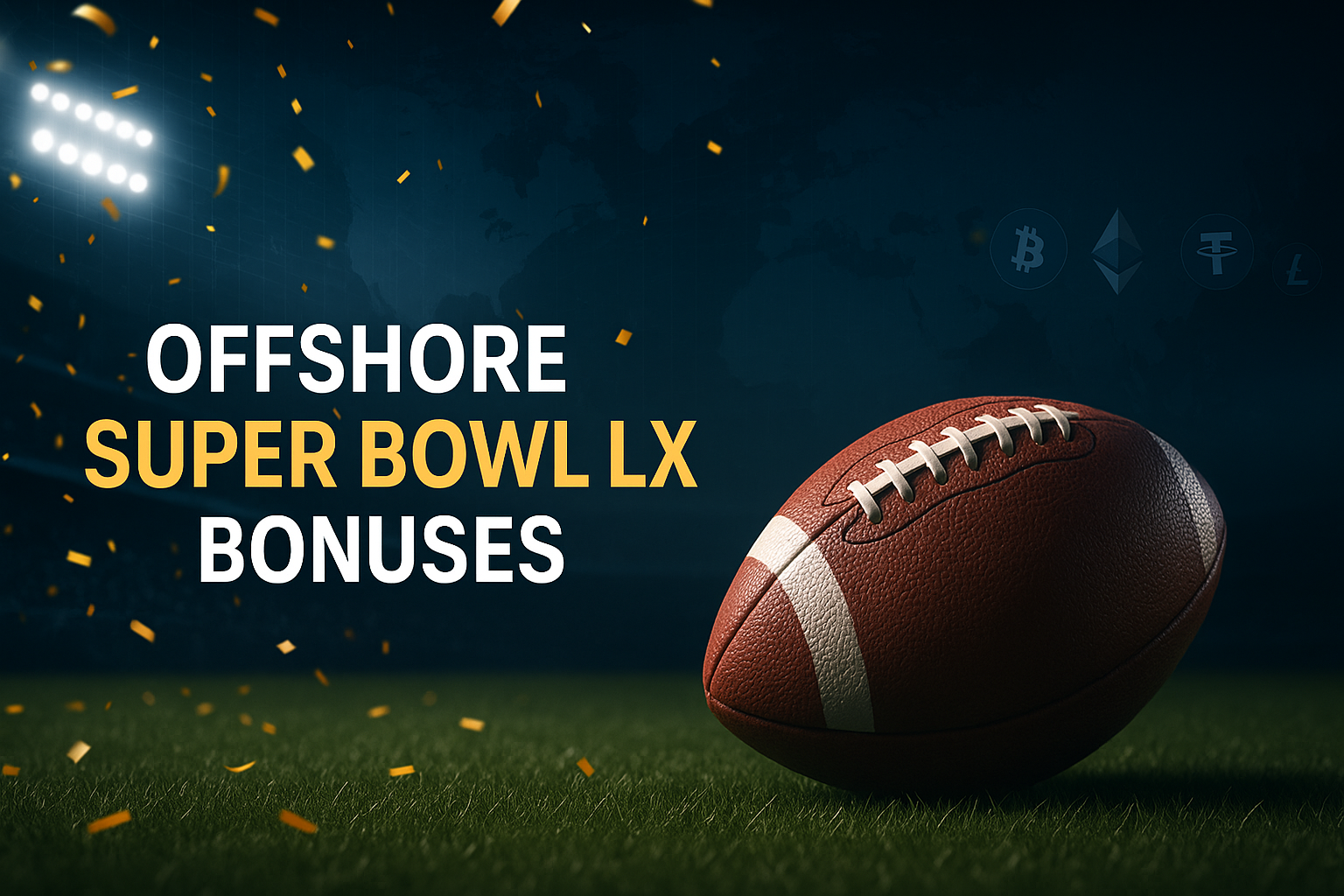 Super Bowl LX themed offshore betting bonuses visual with stadium lights, football texture, and a generic mobile sportsbook interface