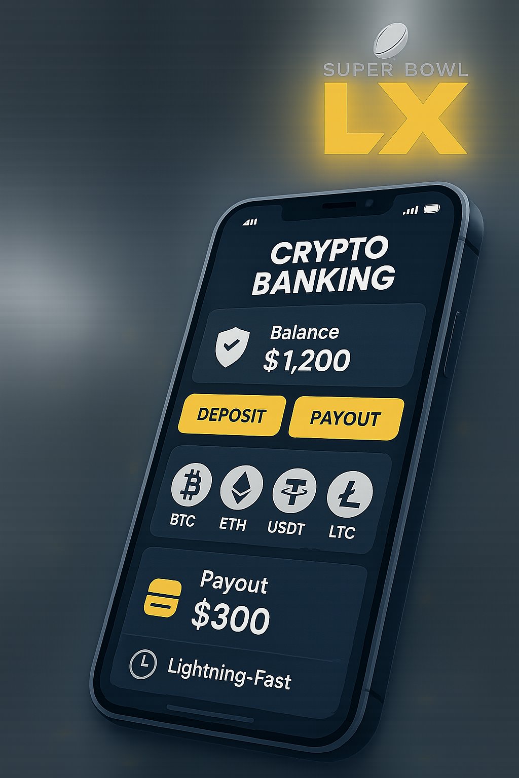 Mobile crypto banking illustration showing a phone, wallet, and common coins used for offshore deposits