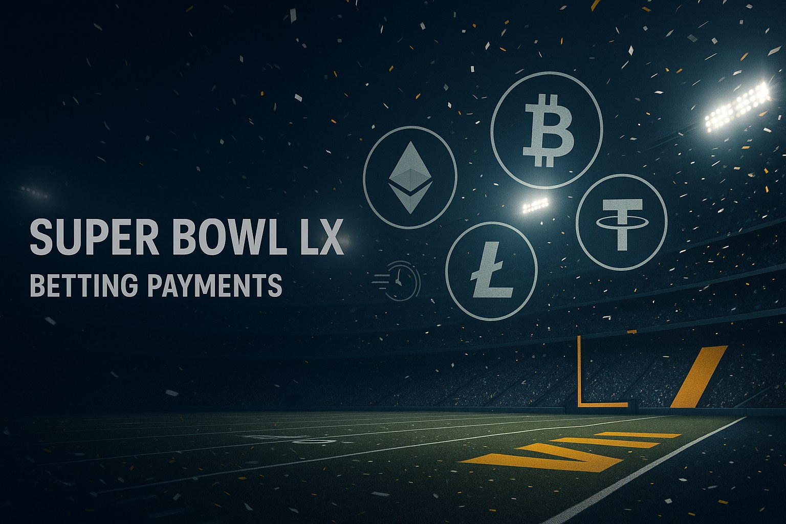 Stadium lights and crypto symbols representing offshore sportsbook payments